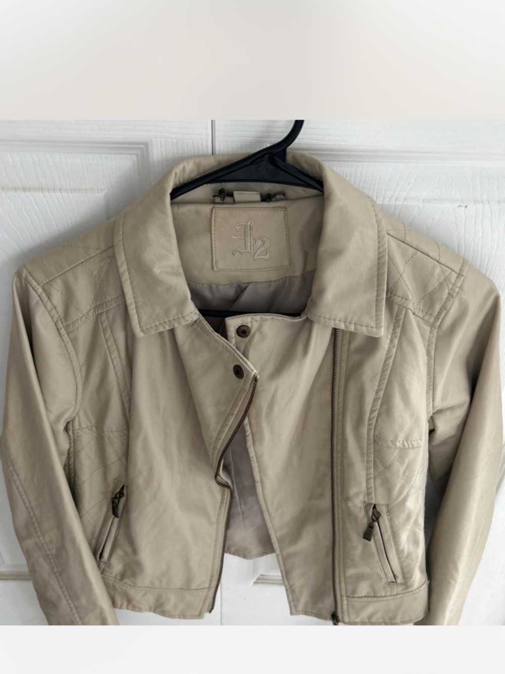 Women's Light Beige Leather Moto Jacket - Casual Zip Front